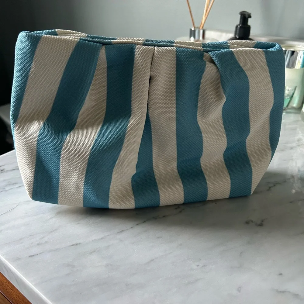 Blue and White Striped Cosmetic Bag Durable Fabric
